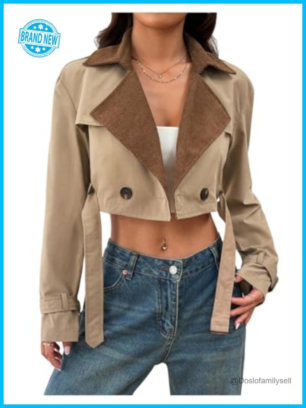 Cropped Trench Coat Double Breasted Belted Long Sleeve Notch Lapel Women Jacket